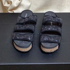 Chelsea & Violet Mel Black Rhinestone 3 band wedge sandal